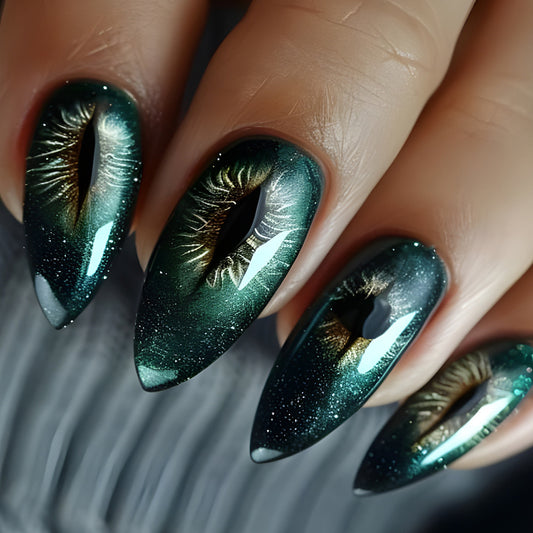 Mystical Forest Inspired Medium Almond Shape Deep Emerald Green with Shimmering Eye Design Press-On Nail Set