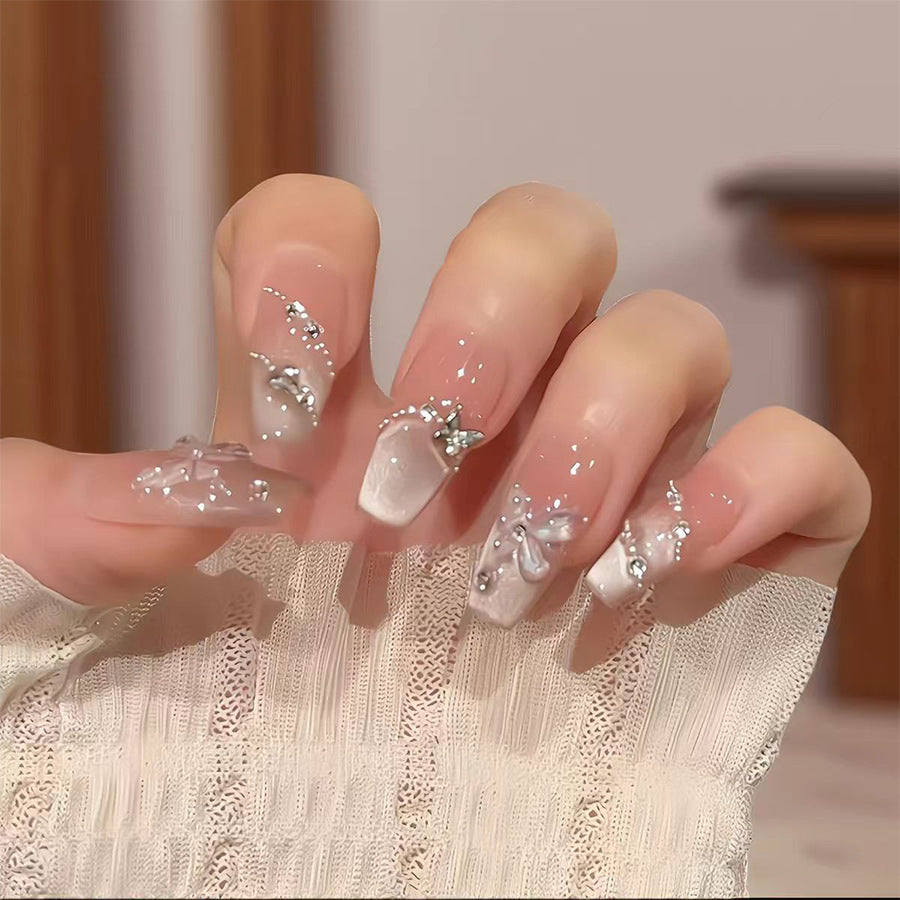 Elegance Unleashed Medium Coffin White with Glittering Butterfly Accents Press On Nail Set