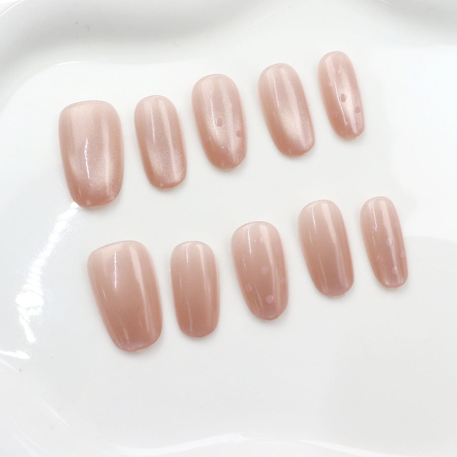 Glamorous Beige Glow Long Oval Press On Nail Set with Iridescent Finish