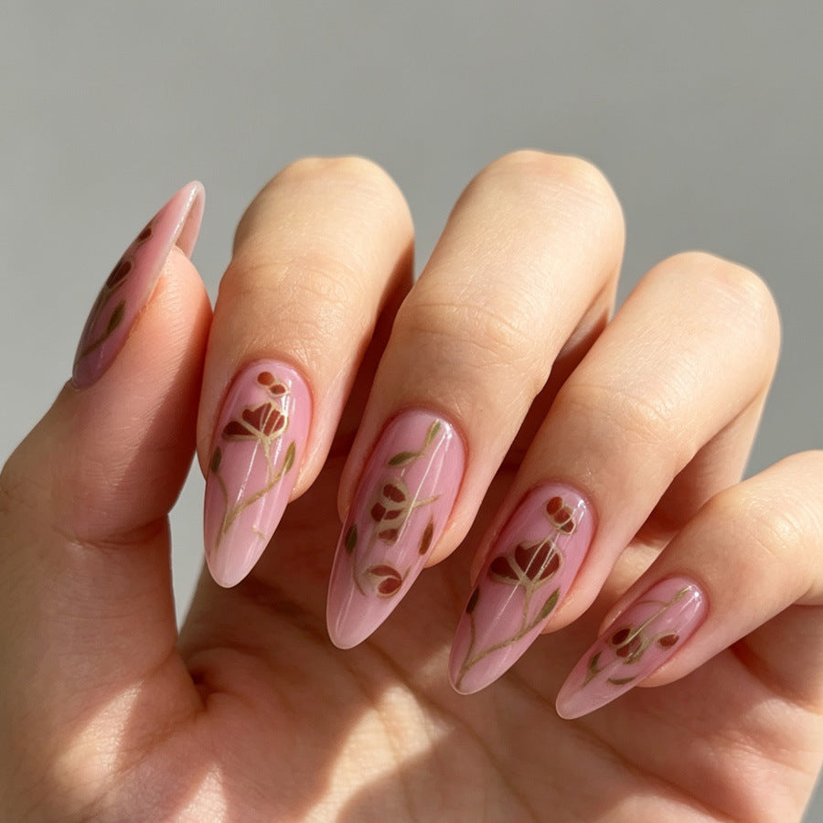Bohemian Floral Medium Almond Pink Press On Nail Set with Elegant Leaf Design