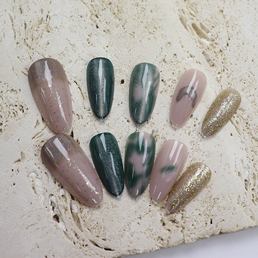 Enchanted Forest Long Almond Green with Sparkling Glitter Press-On Nail Set