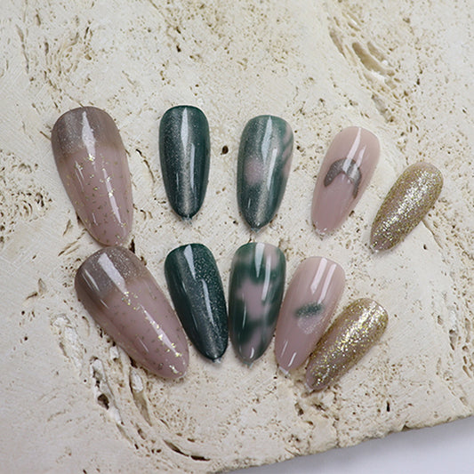 Enchanted Forest Long Almond Green with Sparkling Glitter Press-On Nail Set