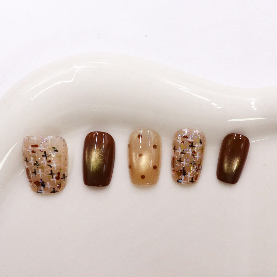Autumn Bliss Short Square Warm Brown Nail Set with Metallic Accents