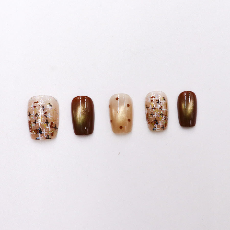 Autumn Elegance Short Square Brown Metallic Shine Press On Nail Set