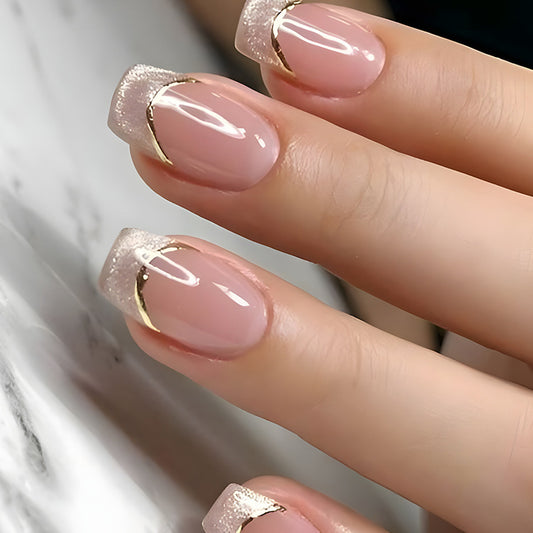 Glamorous Chic Medium Square Pink Nails with Sparkling Gold Accent Tips