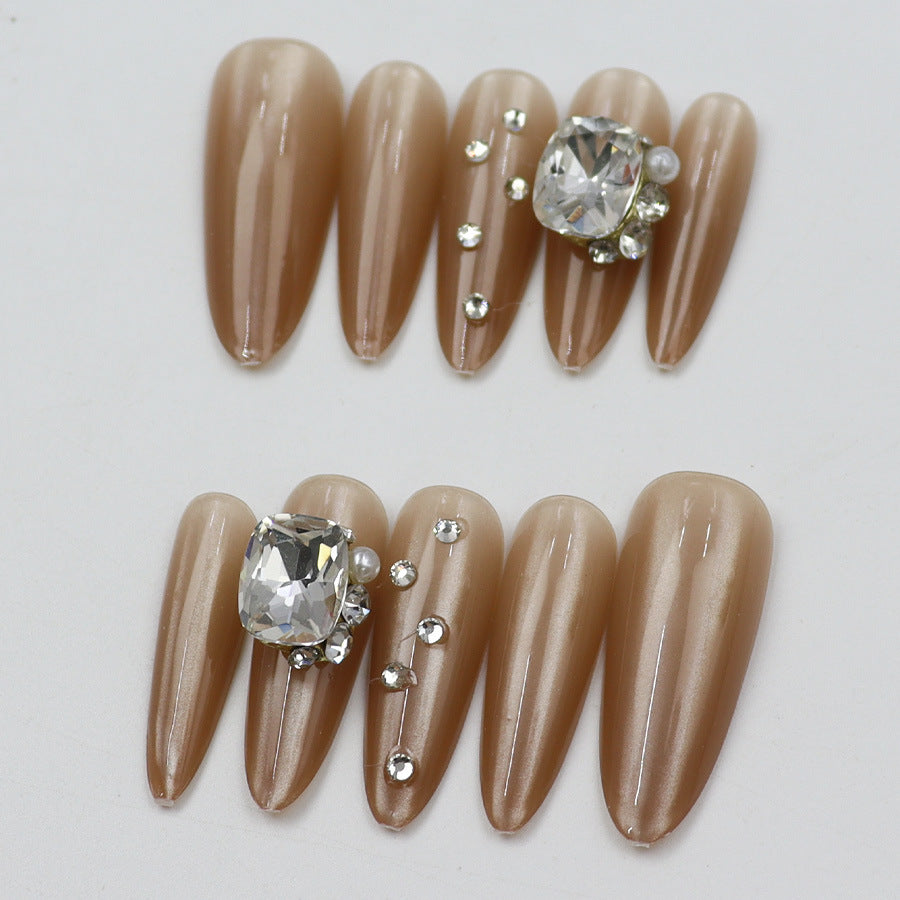 Glamorous Stiletto Long Beige Gel Nails with Sparkling Rhinestones