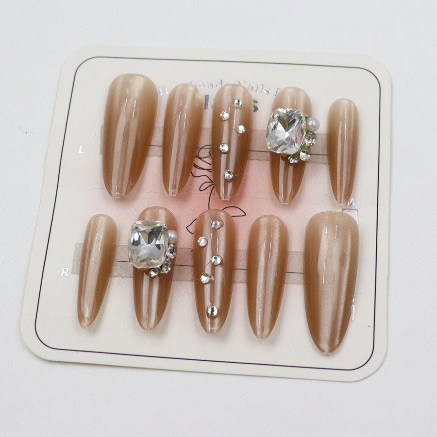 Glamorous Elegance Long Almond Beige Press on Nail Set with Rhinestone Accents