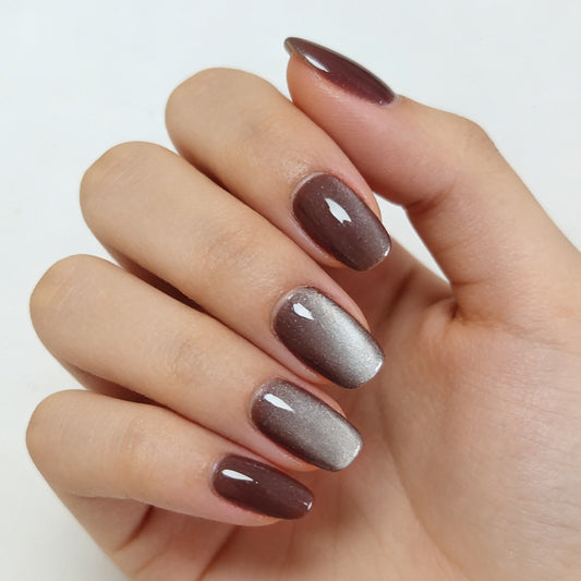 Enchanted Elegance Short Square Ombre Brown to Silver Gradient Press On Nail Set