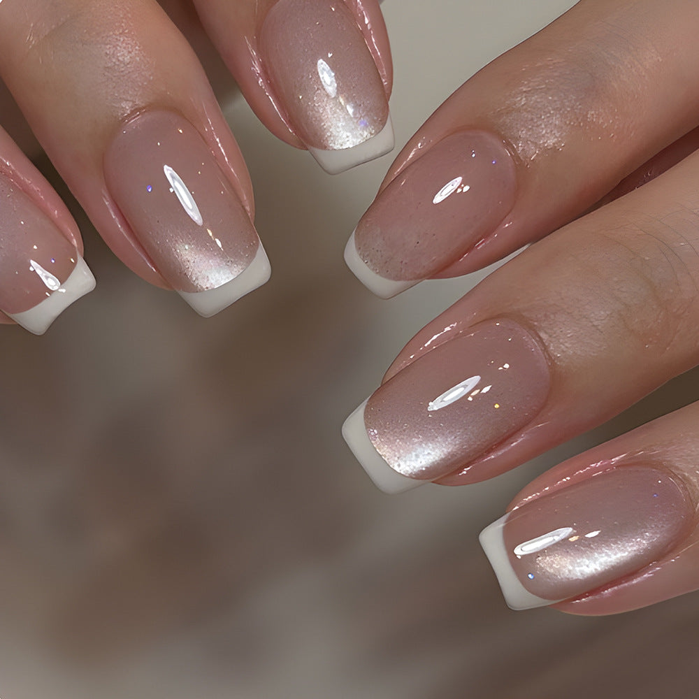 Elegant Serenity Medium Square Blush Pink with Dazzling Glitter French Tip Press-On Nail Set