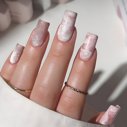 Luxe Serenity Medium Square Light Pink Marble Press On Nail Set with Sparkling Accents
