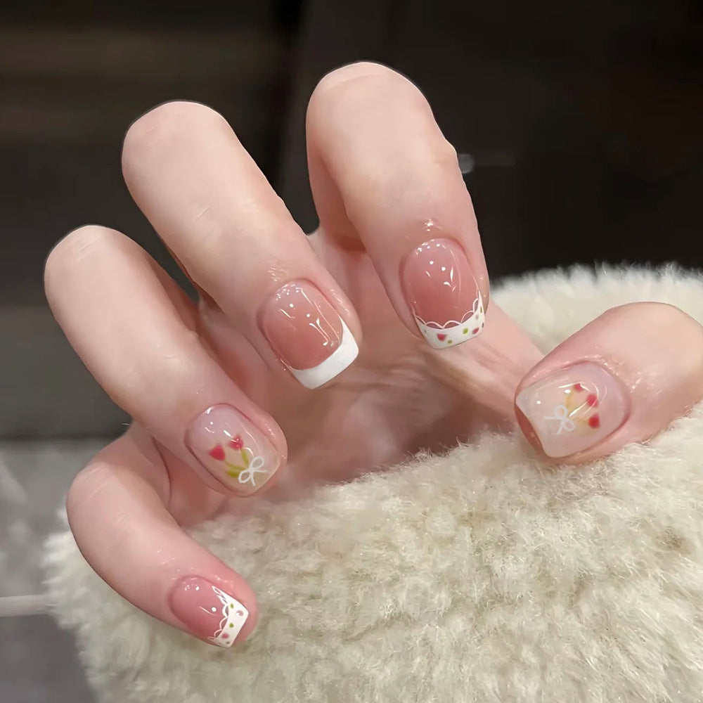 Charming Floral Short Square Pink Press On Nail Set with Unique Whimsical Accents