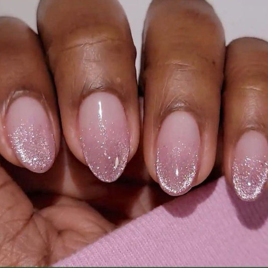 Glimmering Romance Medium Almond Pink Ombre Press On Nail Set with Sparkling Tips