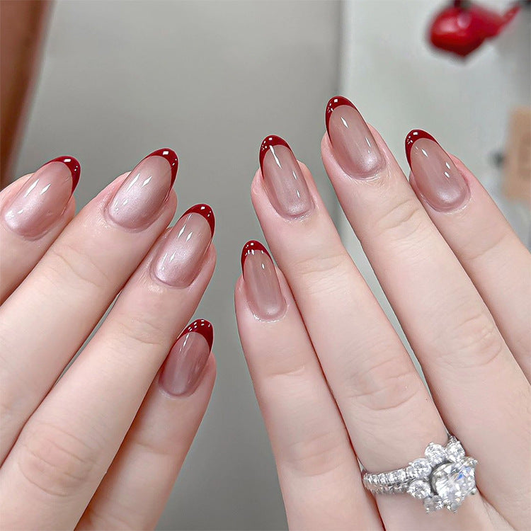 Elegant Romance Press On Nail Set Medium Oval Shape Translucent Beige Color with Bold Red Tips