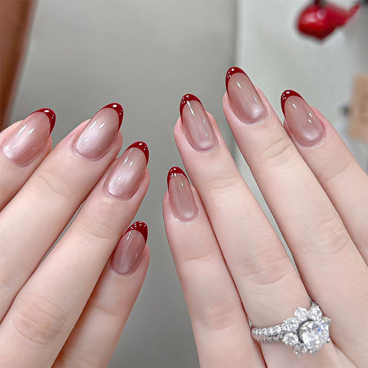Elegant Romance Press On Nail Set Medium Oval Shape Translucent Beige Color with Bold Red Tips