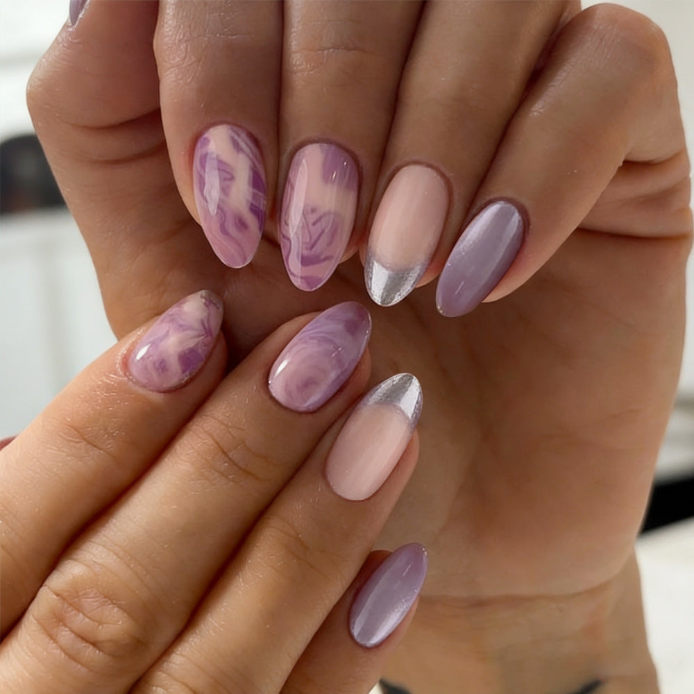 Lavender Dreams Elegant Medium Oval Shaped Purple Nail Set with Stunning Marble and Silver Accents