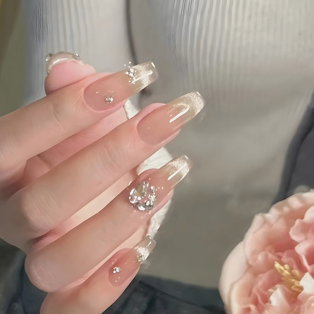 Glamorous Elegance Long Square Gradient Beige with Sparkling Crystal Accents Press-On Nail Set