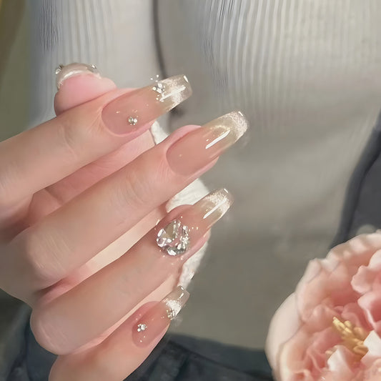 Glamorous Elegance Long Square Gradient Beige with Sparkling Crystal Accents Press-On Nail Set