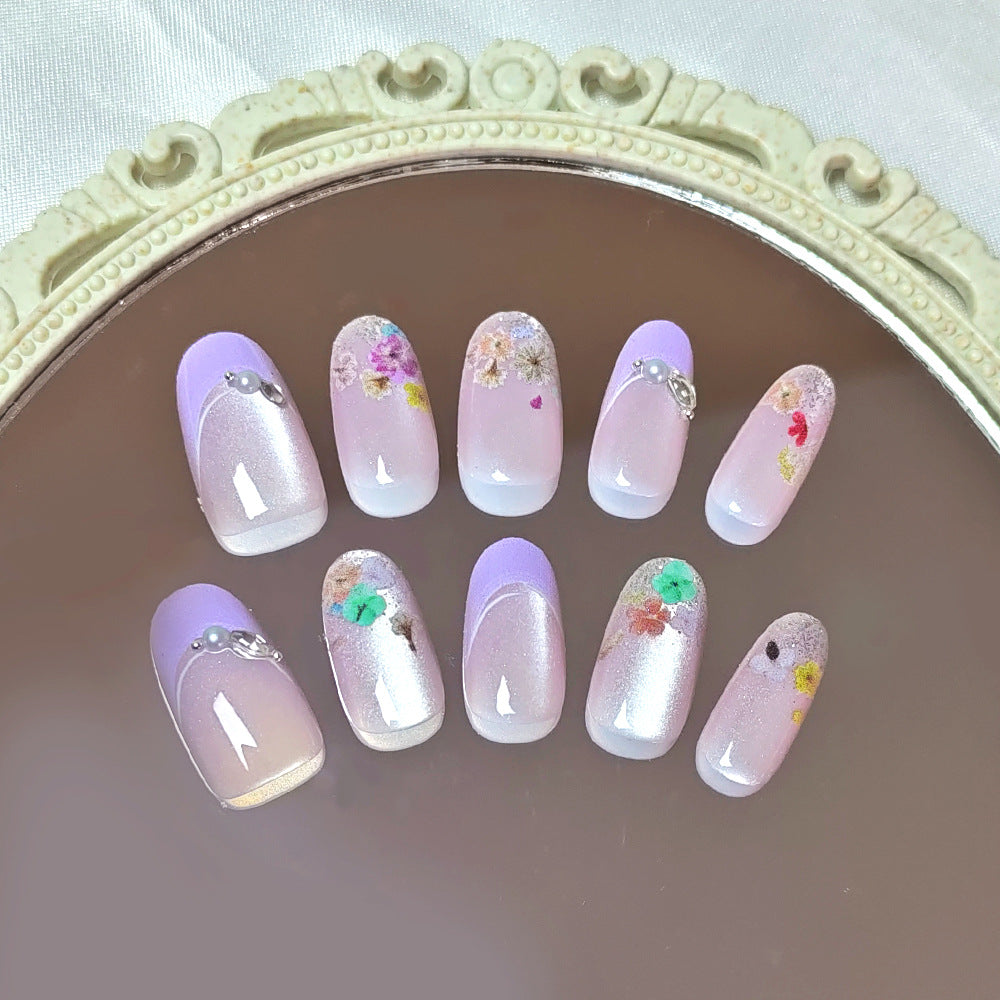 Whimsical Garden Medium Oval Lavender Ombre with Floral Accents and Gemstone Detail Press On Nail Set