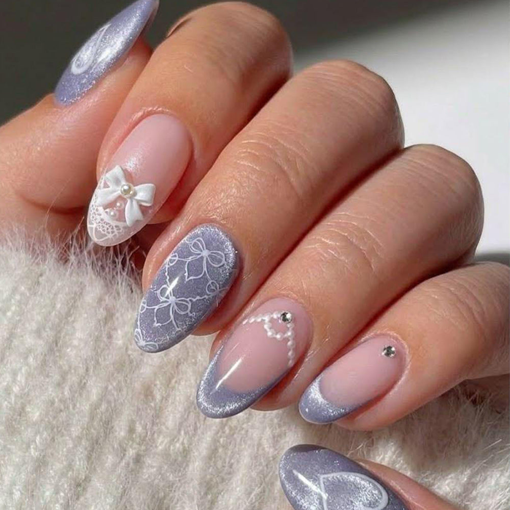 Enchanted Elegance Medium Oval Lavender Glitter Nail Set with Charming Lace and Bow Accents