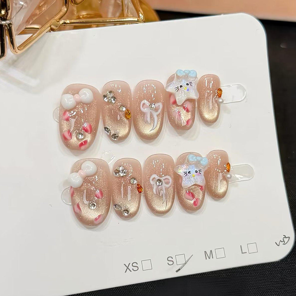 Charming Pastel Short Oval Beige Glitter Nail Set with Adorable 3D Decorations