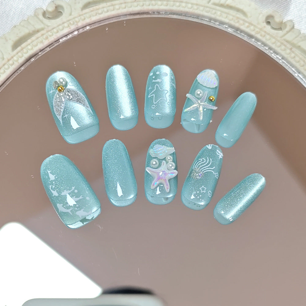 Oceanic Bliss Long Oval Glittery Press On Nail Set