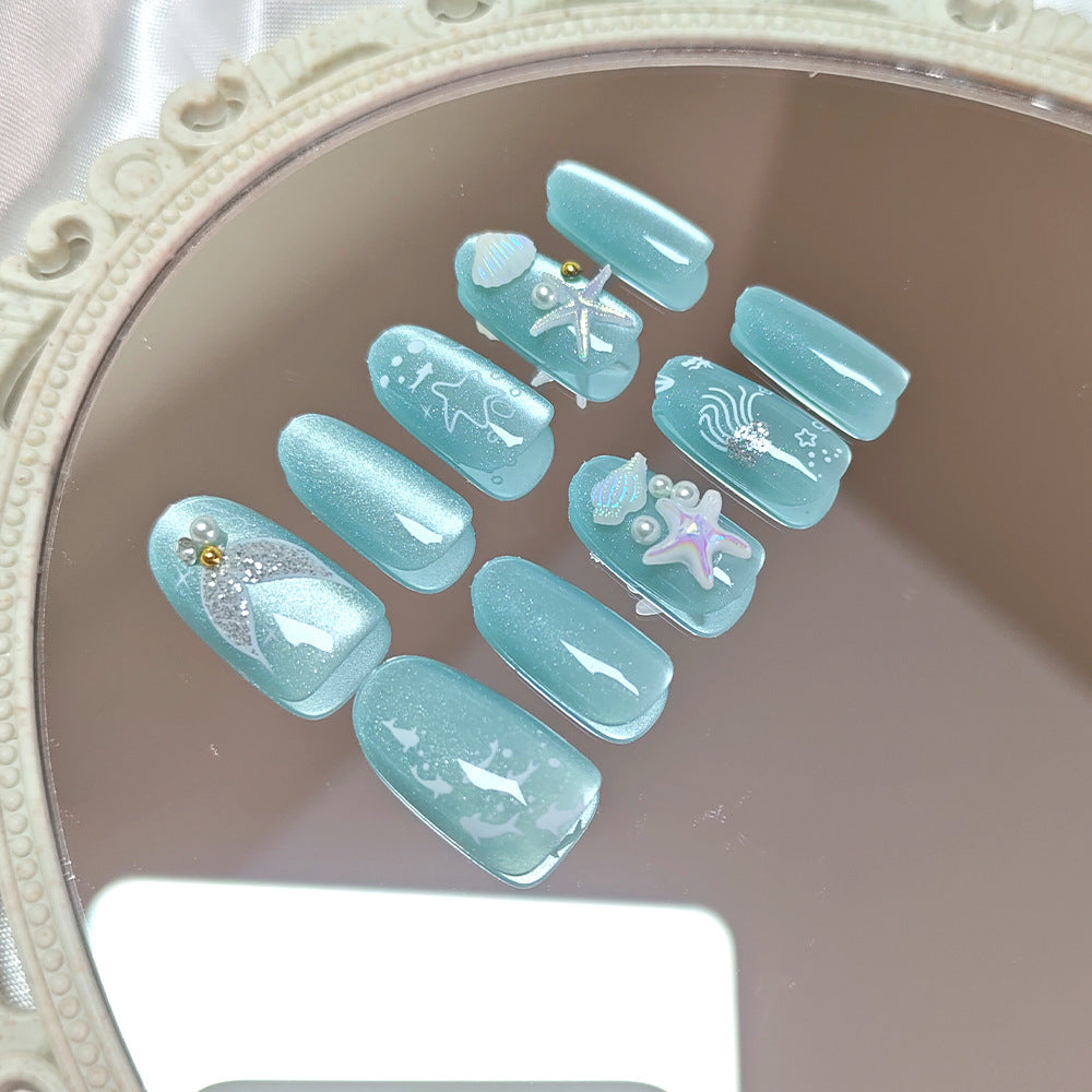 Under The Sea Long Oval Turquoise Press On Nail Set with Glitter and Ocean-Themed Embellishments