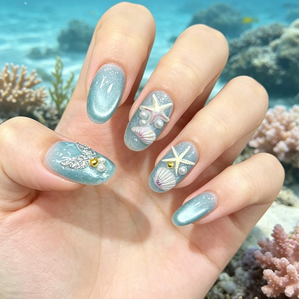 Ocean Breeze Long Oval Blue Shimmer with Unique Sea Shell Design Press On Nail Set