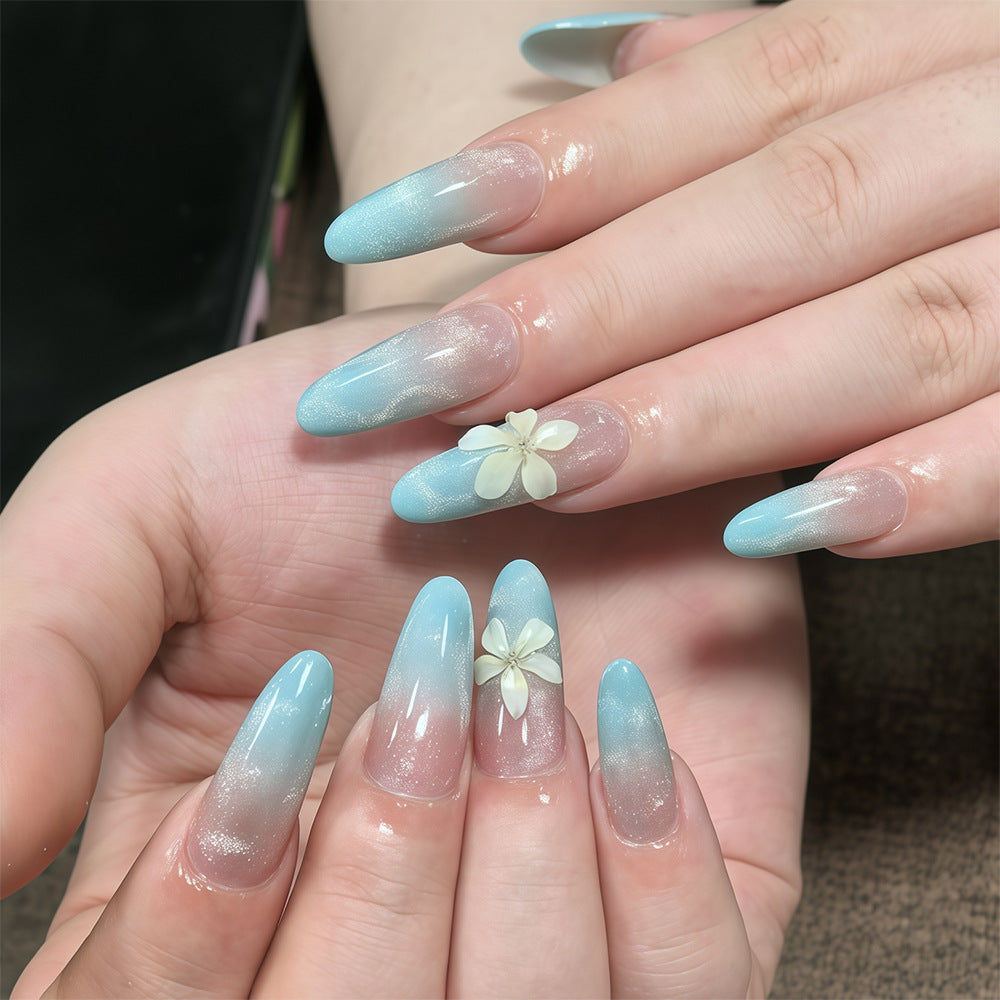 Blossoming Elegance Long Almond Crystal Blue Ombre Nail Set with Floral Accents
