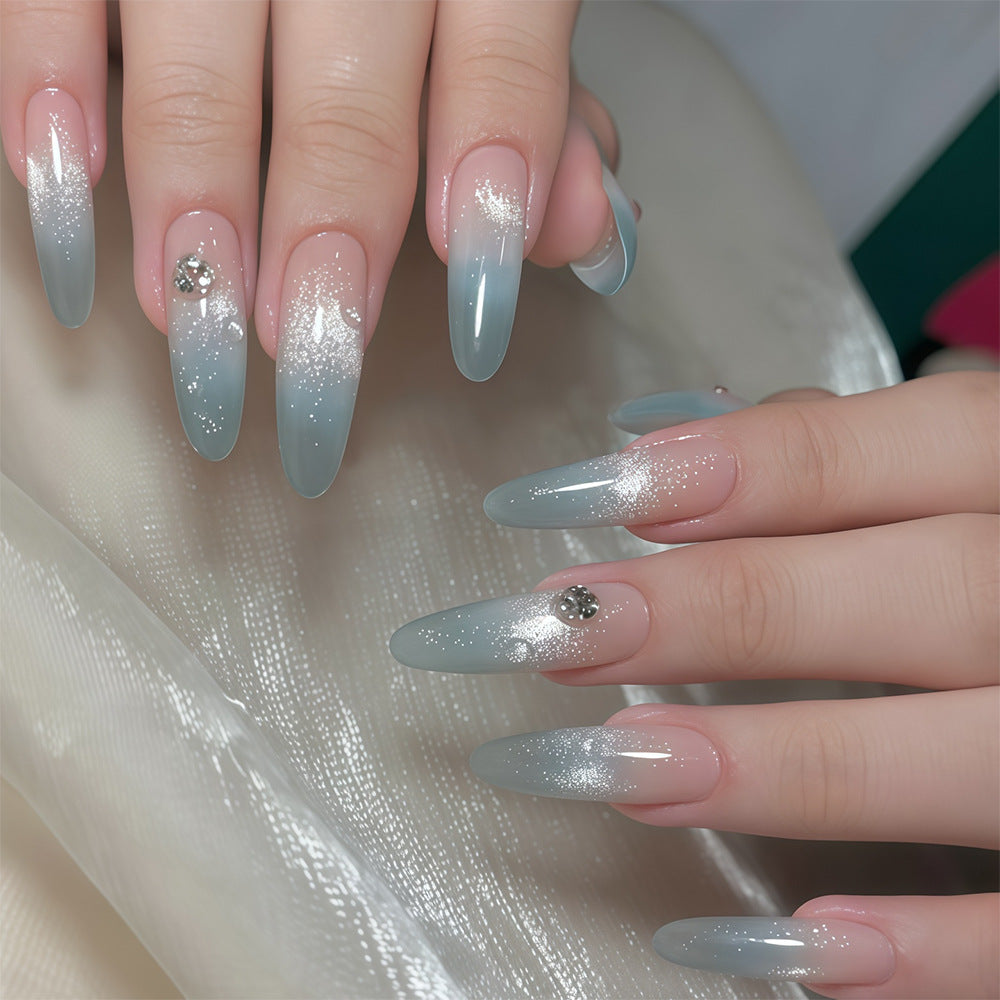 Enchanted Frosted Long Almond Blue Press On Nail Set with Glittering Accents