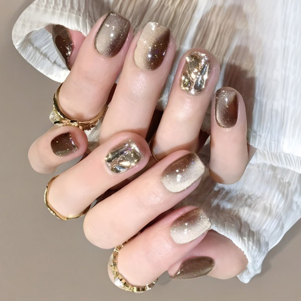 Glamorous Medium Square Brown Ombre with Sparkling Accent Nail Set