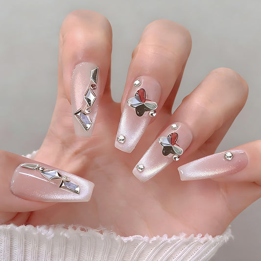 Enchanted Elegance Long Coffin Shimmering White Press On Nail Set with Butterfly Accents and Sparkling Details