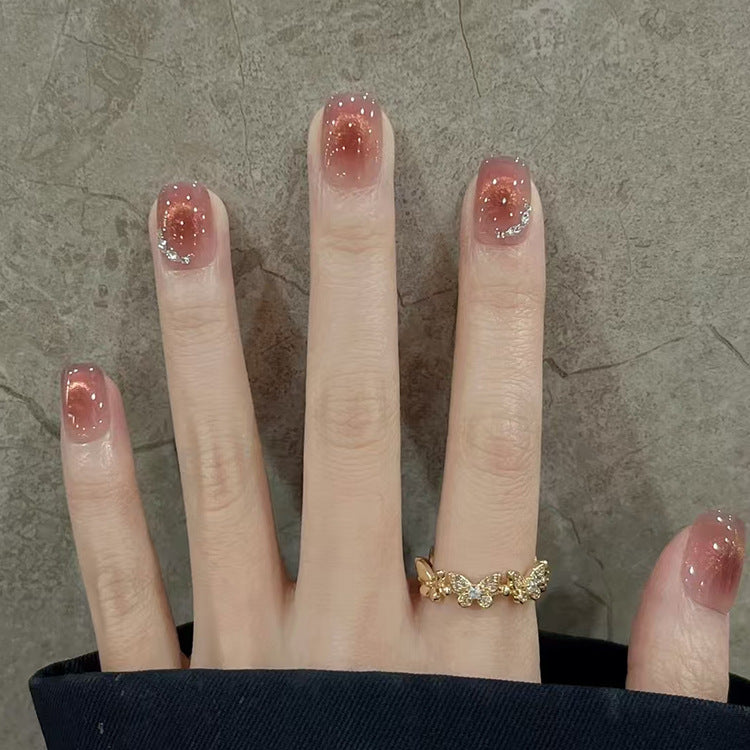 Whimsical Elegance Short Square Translucent Rusty Rose with Dazzling Glitter Accents Press-On Nail Set