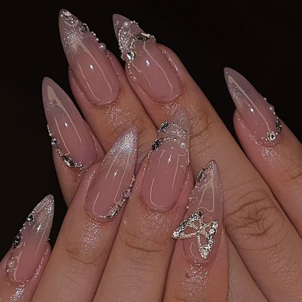 Glamorous Fantasy Medium Almond Pink Transparent Nails with Stunning Gem Embellishments