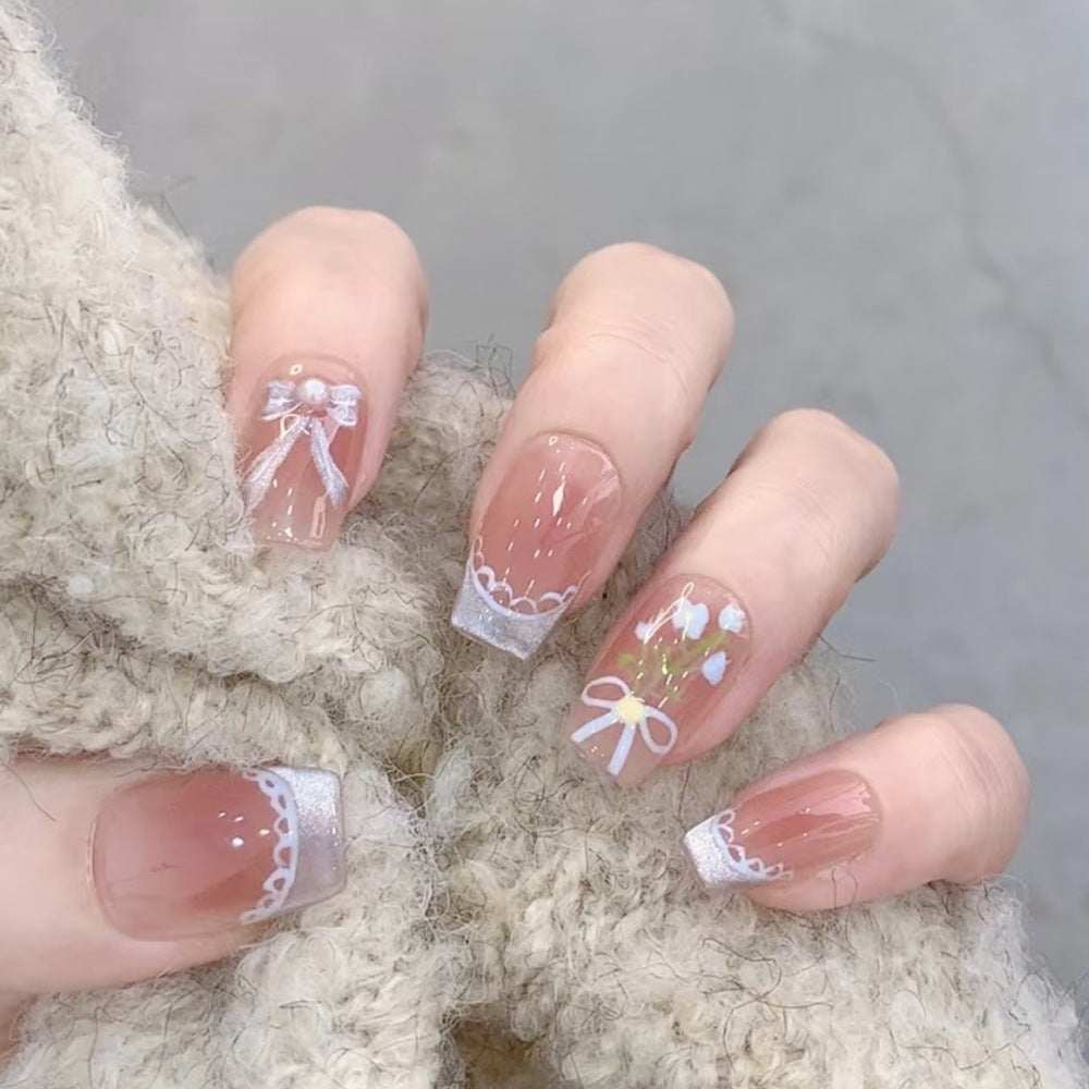 Whimsical Elegance Short Square Clear Nails with Floral and Ribbon Accents
