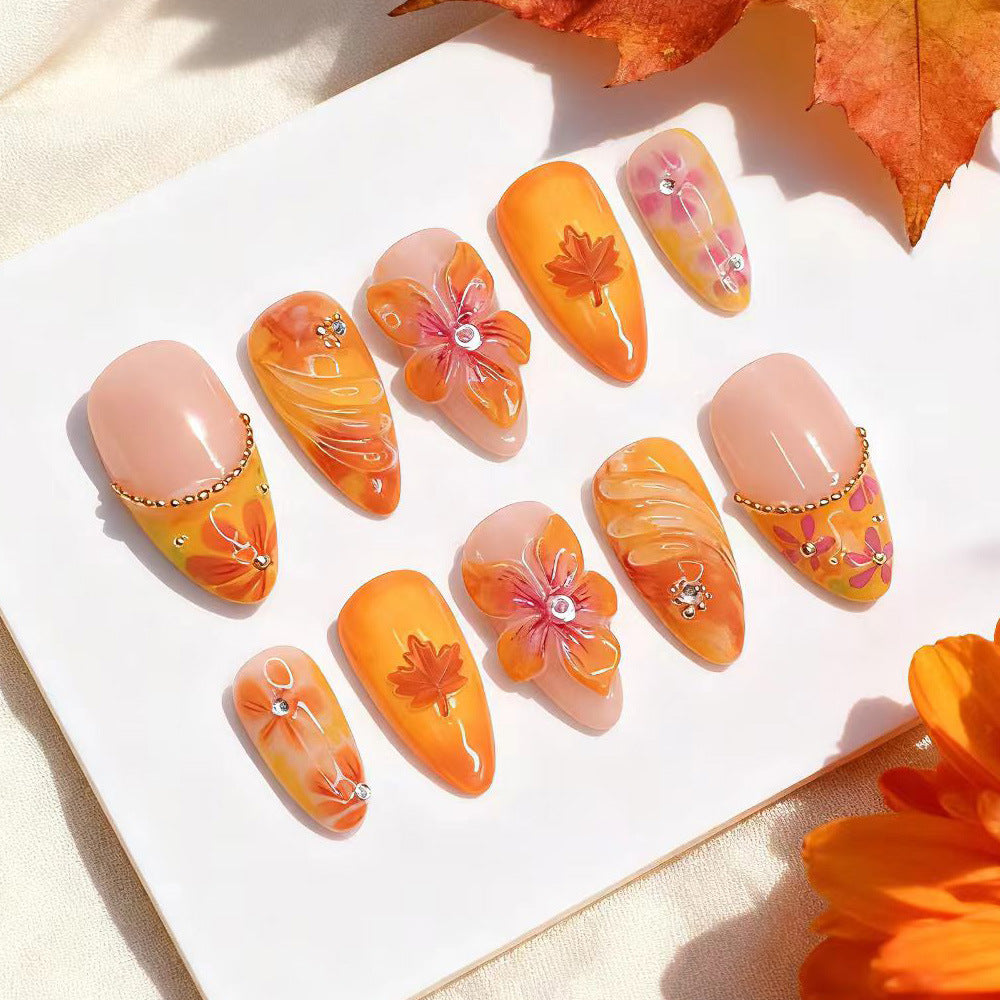 Autumn Enchantment Medium Almond Orange with Floral Design Press On Nail Set