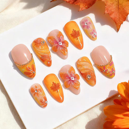 Autumn Enchantment Medium Almond Orange with Floral Design Press On Nail Set