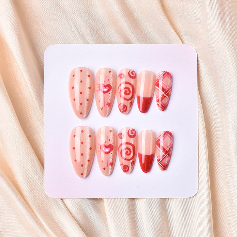 Romantic Heart Design Medium Almond Red Press On Nail Set with Playful Patterns