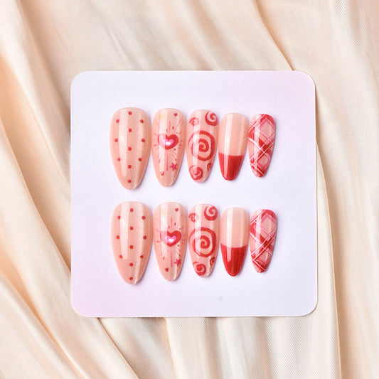 Romantic Heart Design Medium Almond Red Press On Nail Set with Playful Patterns