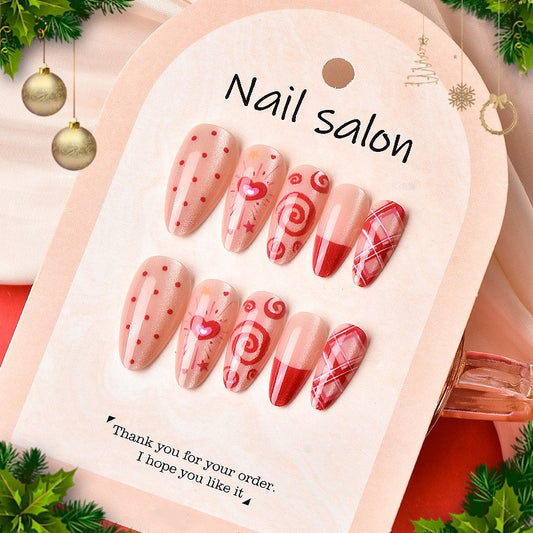 Festive Charm Medium Almond Pink with Heart and Swirl Design Press on Nail Set