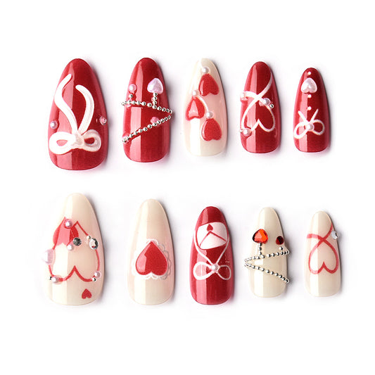 Romantic Heart Theme Medium Almond Red with Charming Heart Designs Press-On Nail Set