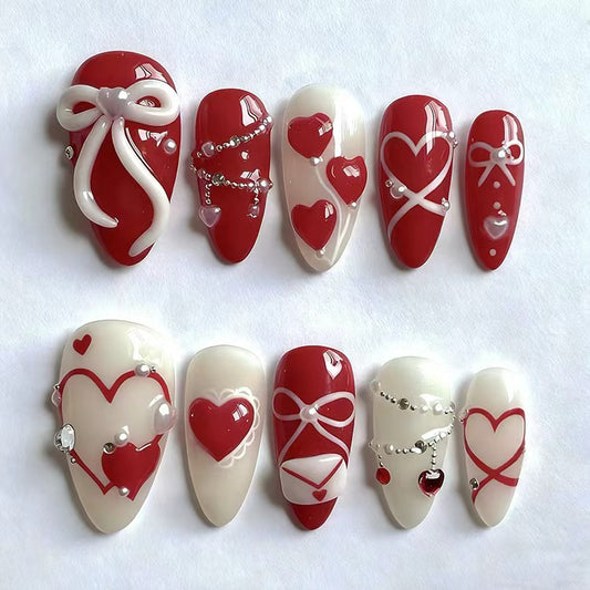 Romantic Heart Theme Medium Almond Red and White Press On Nail Set with Rhinestones and Charming Designs
