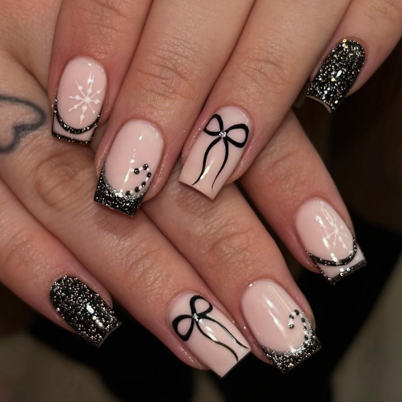 Elegant Evening Short Square Black Glitter Design Press-On Nail Set