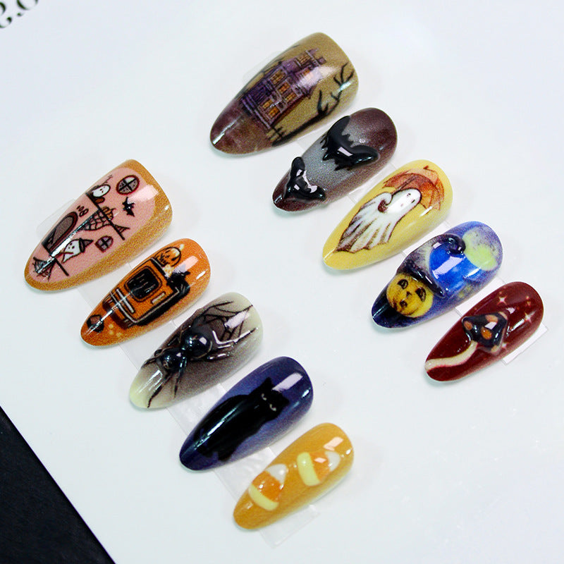 Spooky Season Medium Almond Multicolored Nail Set with Unique Halloween Artwork