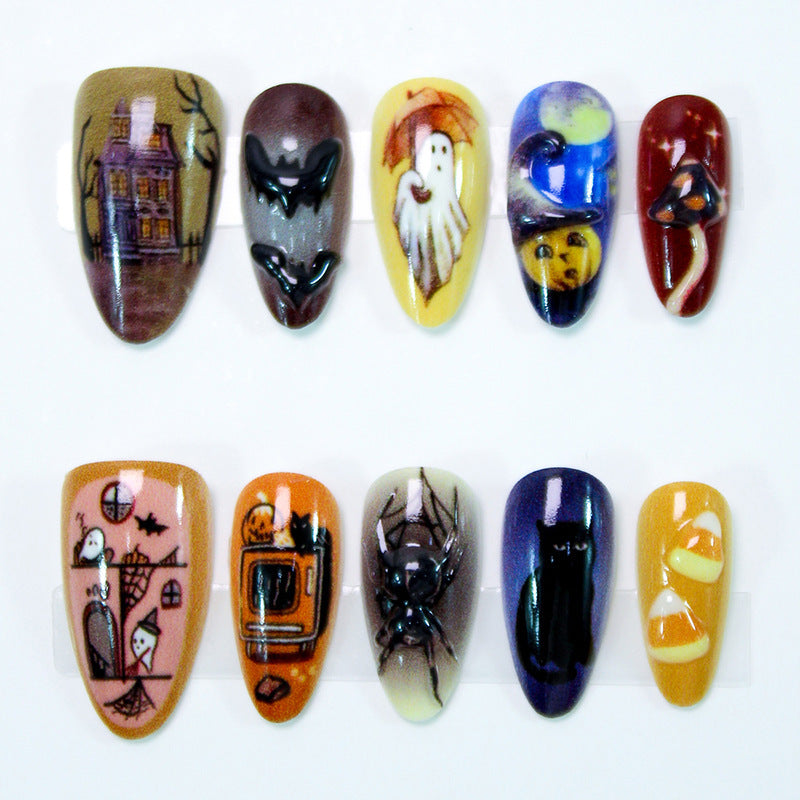 Spooky Autumn Medium Almond Multicolored Halloween-Themed Press On Nail Set