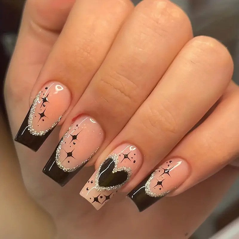 Glamorous Night Sky Extra Long Coffin Press On Nail Set in Blush Pink and Black with Sparkling Heart Design