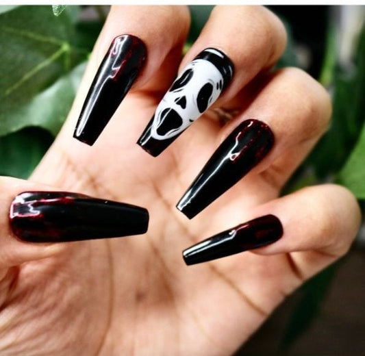 Spooky Vibes Long Coffin Black Press On Nail Set With Horror Ghost Design And Red Accents