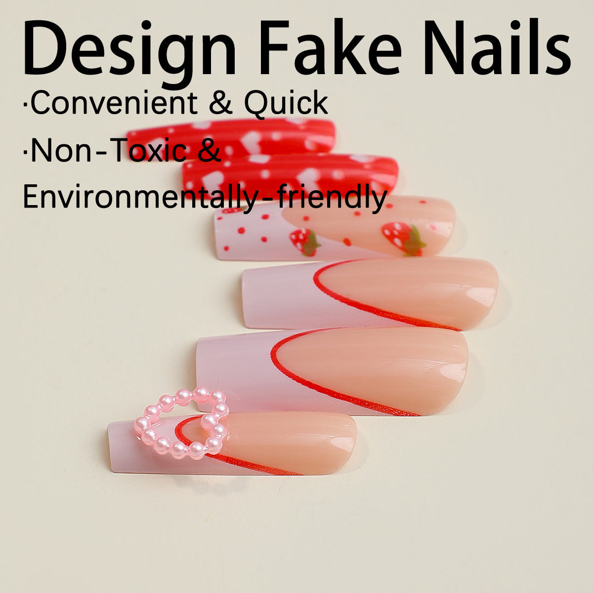 Valentine's Day Romance Long Coffin Pink Press On Nails with Heart Accents and Glitter Details