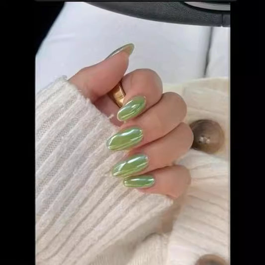 Dreamy Forest Vibe Long Almond Green Shiny Press On Nail Set with Iridescent Finish