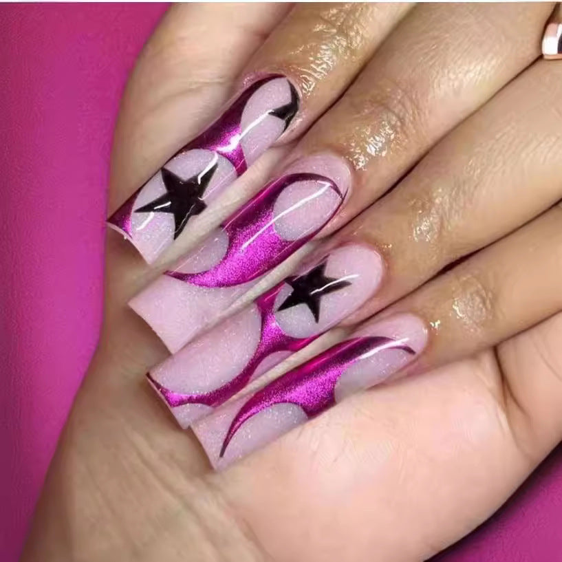 Cosmic Dream Long Square Pink and Purple Starry Press On Nail Set with Shimmering Finish