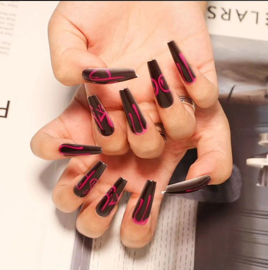 Chic Glamour Long Coffin Black and Pink Press On Nail Set with Unique Artistic Design